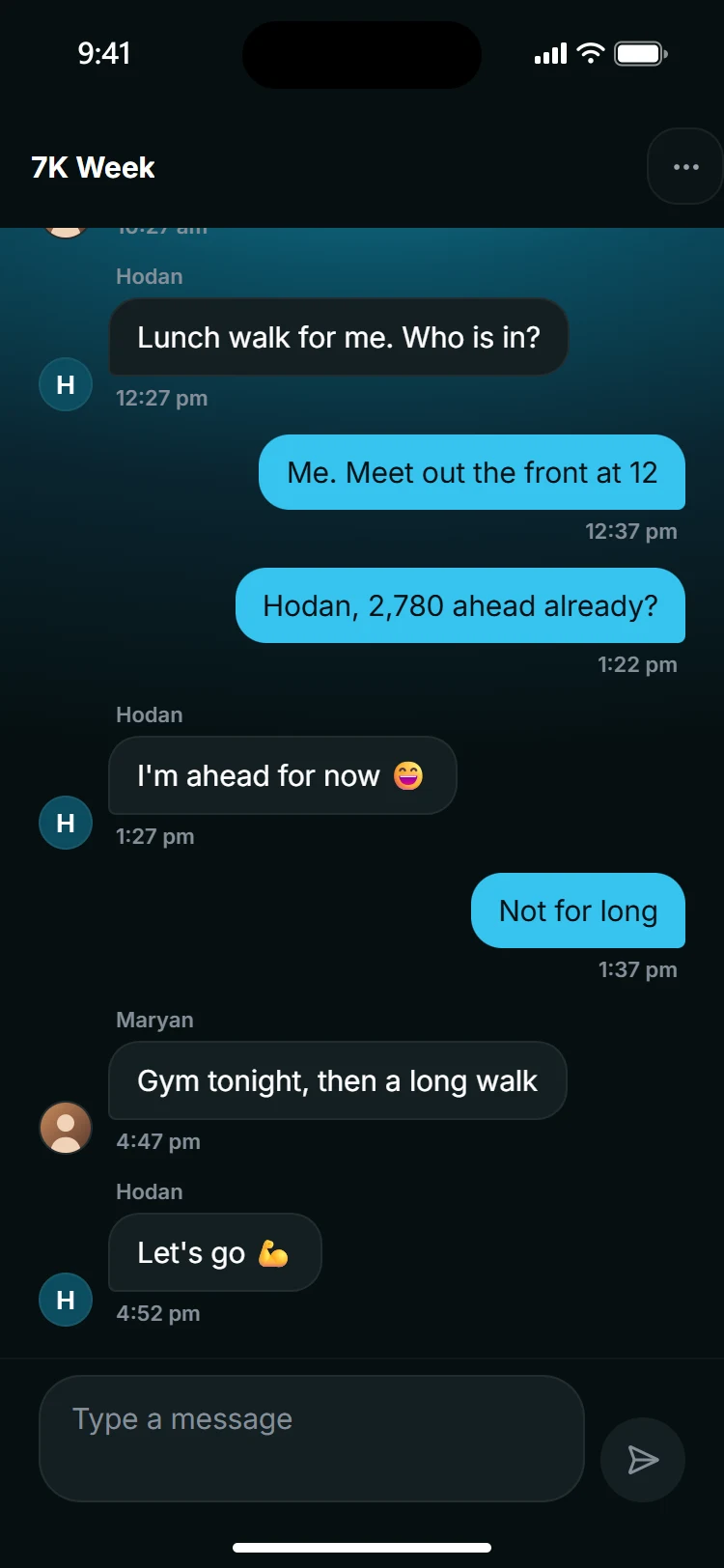 The 7K Week chat in Awood: Hodan, Maryan and Awil planning a lunch walk and teasing about who is ahead.