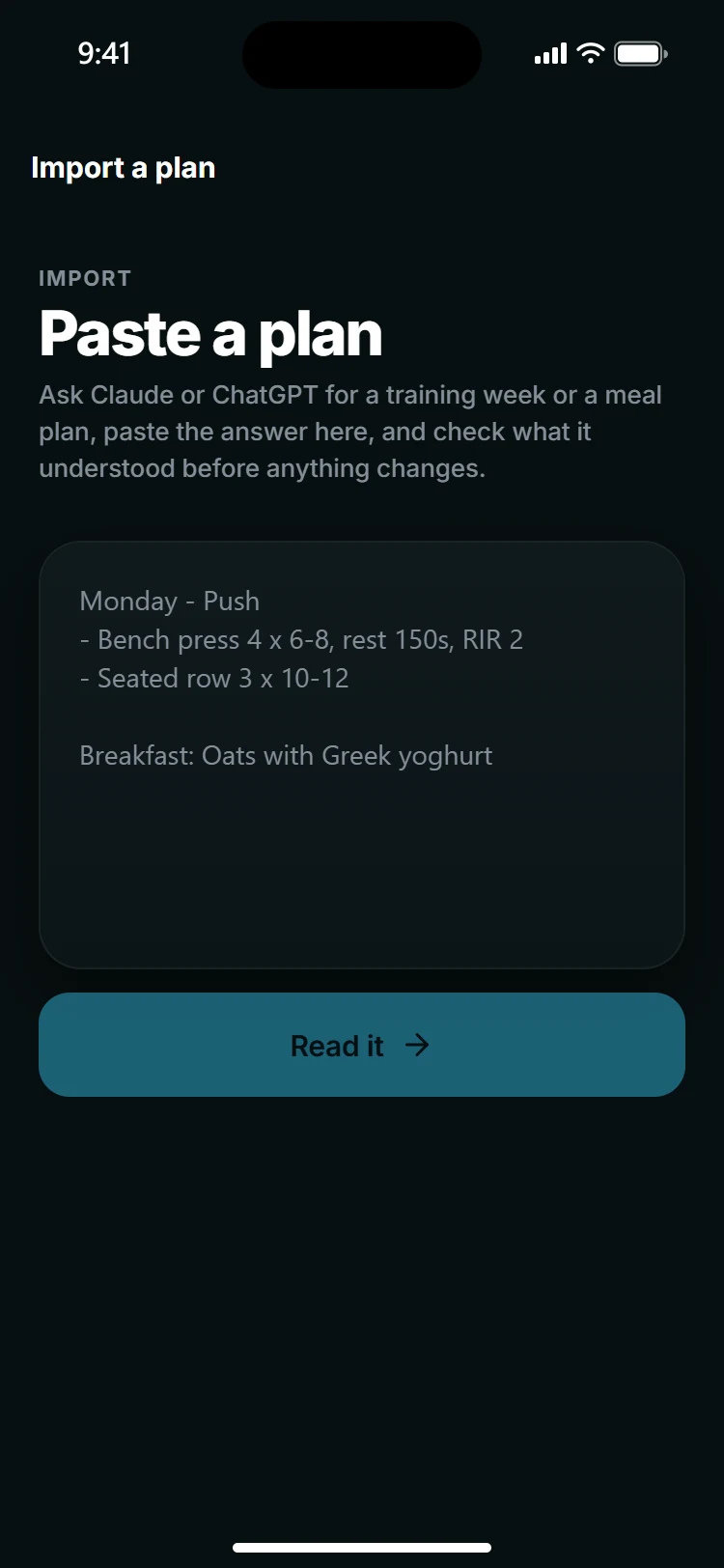 Pasting a plan into Awood: a training day and a breakfast typed in, ready to be read.