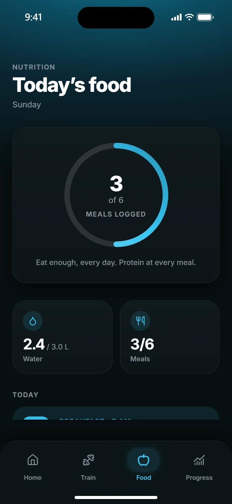 Today's food in Awood: three of six meals logged, with water and the day's meals listed.